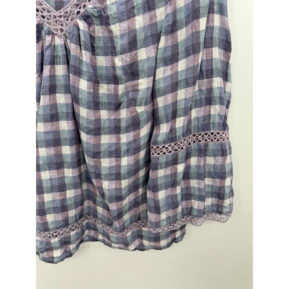 Chico's Womens Top 12P Purple Plaid V-Neck Crochet 100% Linen Popover Peasant - Picture 3 of 8